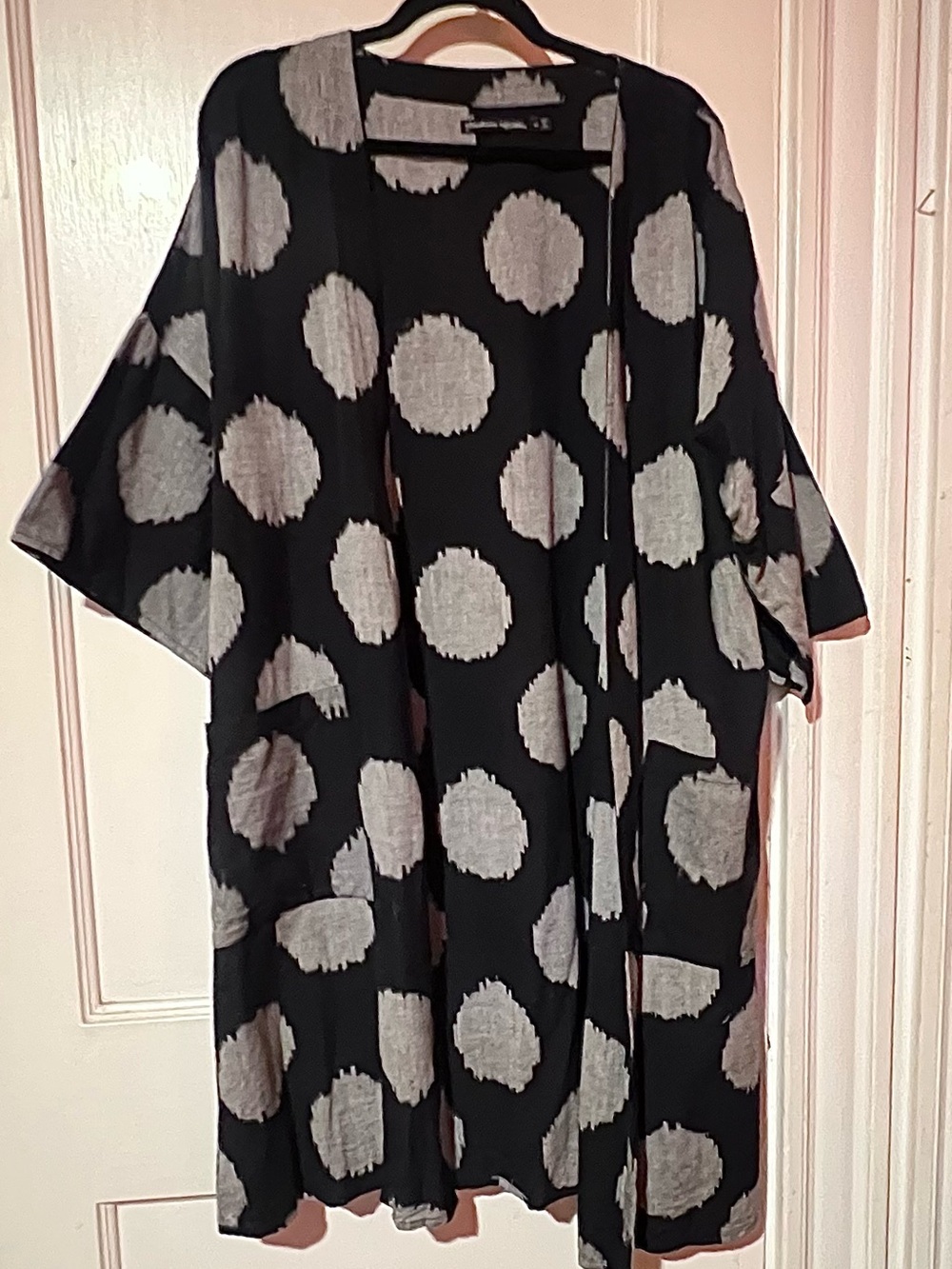 Gudrun Sjoden Black Ikat Tunic Kimono with Large Gray Polka Dots